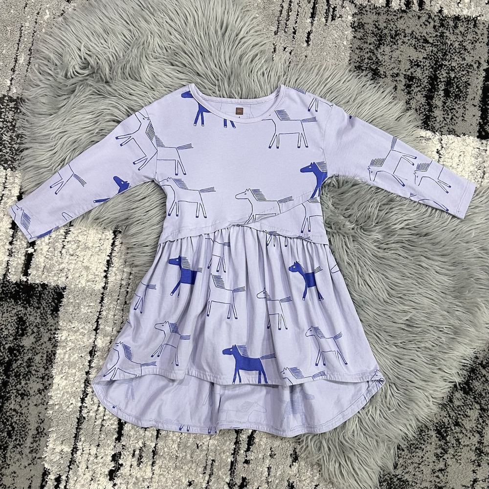Tea Collection Girl's Long Sleeve Horse Print Twirl Boutique High Low Dress SZ 4